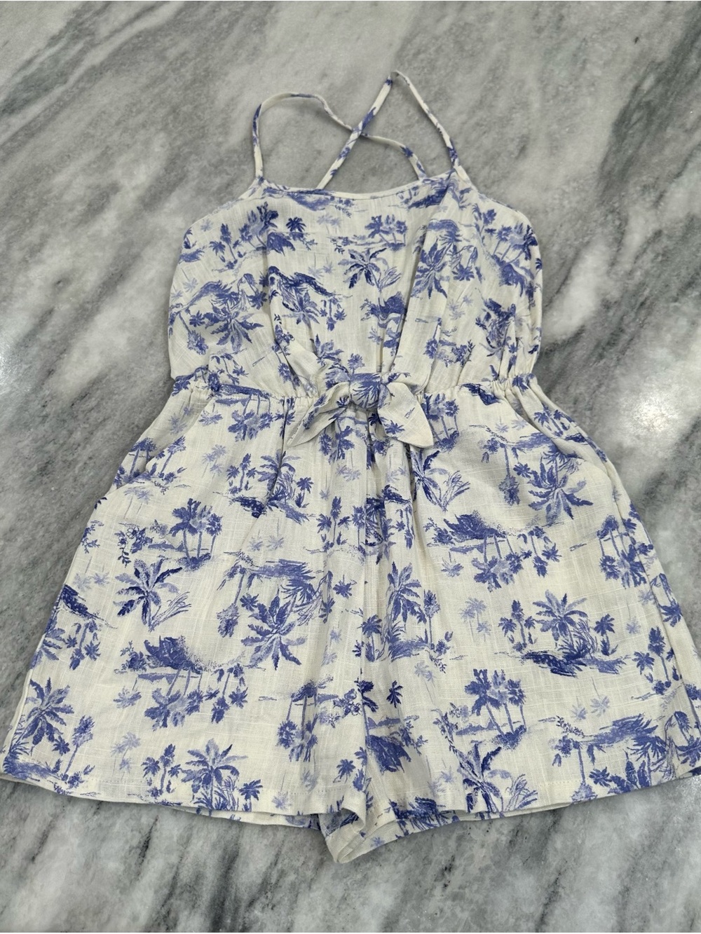 NWOT Girls Blue & White Tropical Print Romper
